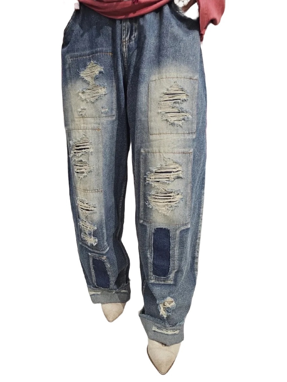 ‼️LAST ONE‼️GRUNGE Jeans A Rare Bird Blue Distressed Wide-Leg Patchwork Detail - Picture 9 of 10